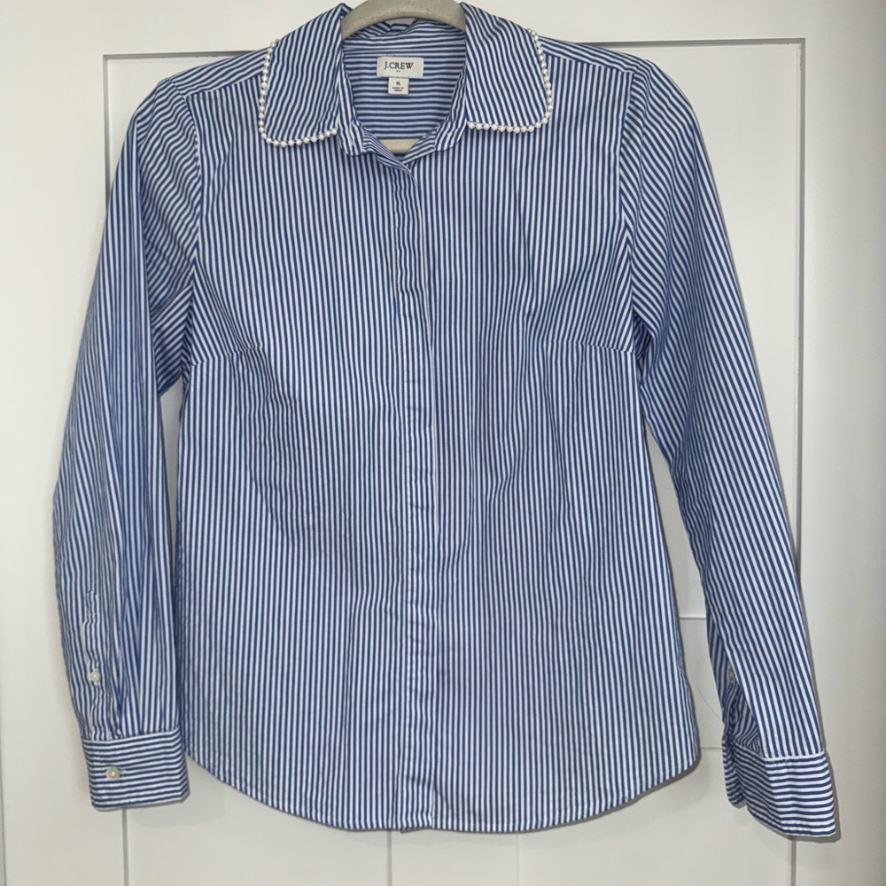 J Crew Factory Button Up Shirt With Pearl Collar Long Sleeve Blue Striped